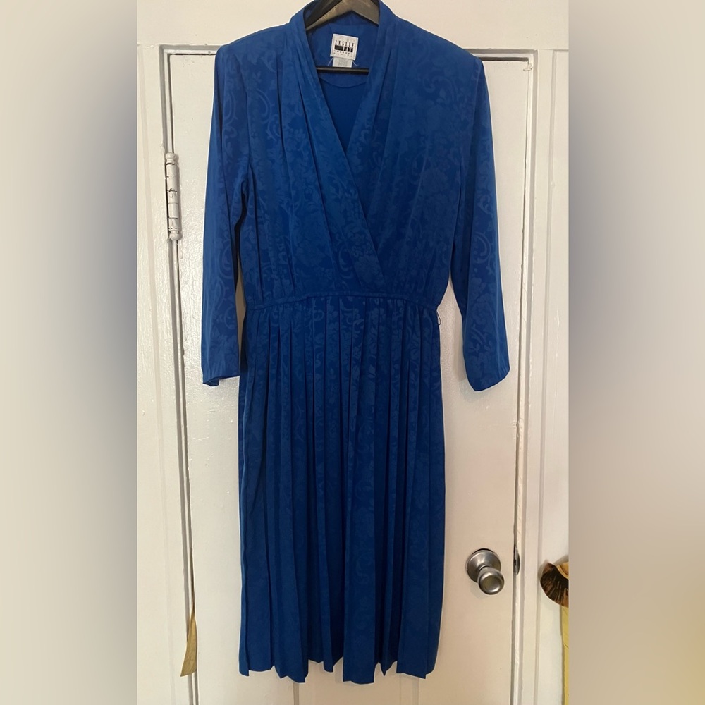 Vintage Leslie Fay Royal Blue Long Sleeve Pleated Midi Dress